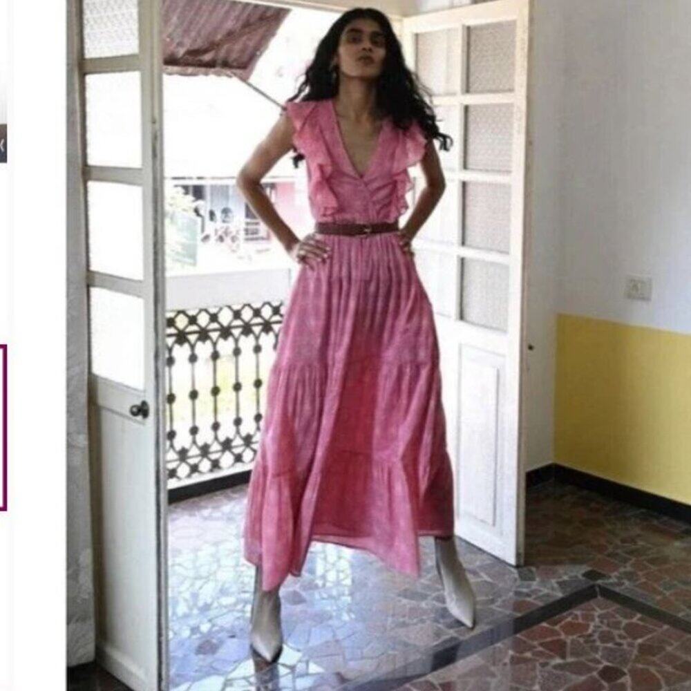 Banjanan Orion Sleeveless Floral Cotton Tiered Maxi Dress Pink Sz L
